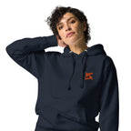 FL-FIT Hoodie femme bleu foncé variante, face avant, capuche doublée, cordons ajustables, œillets métal