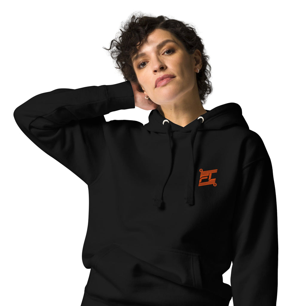 FL-FIT Hoodie femme noir, face avant, capuche doublée, cordons ajustables, œillets métal, essentiel