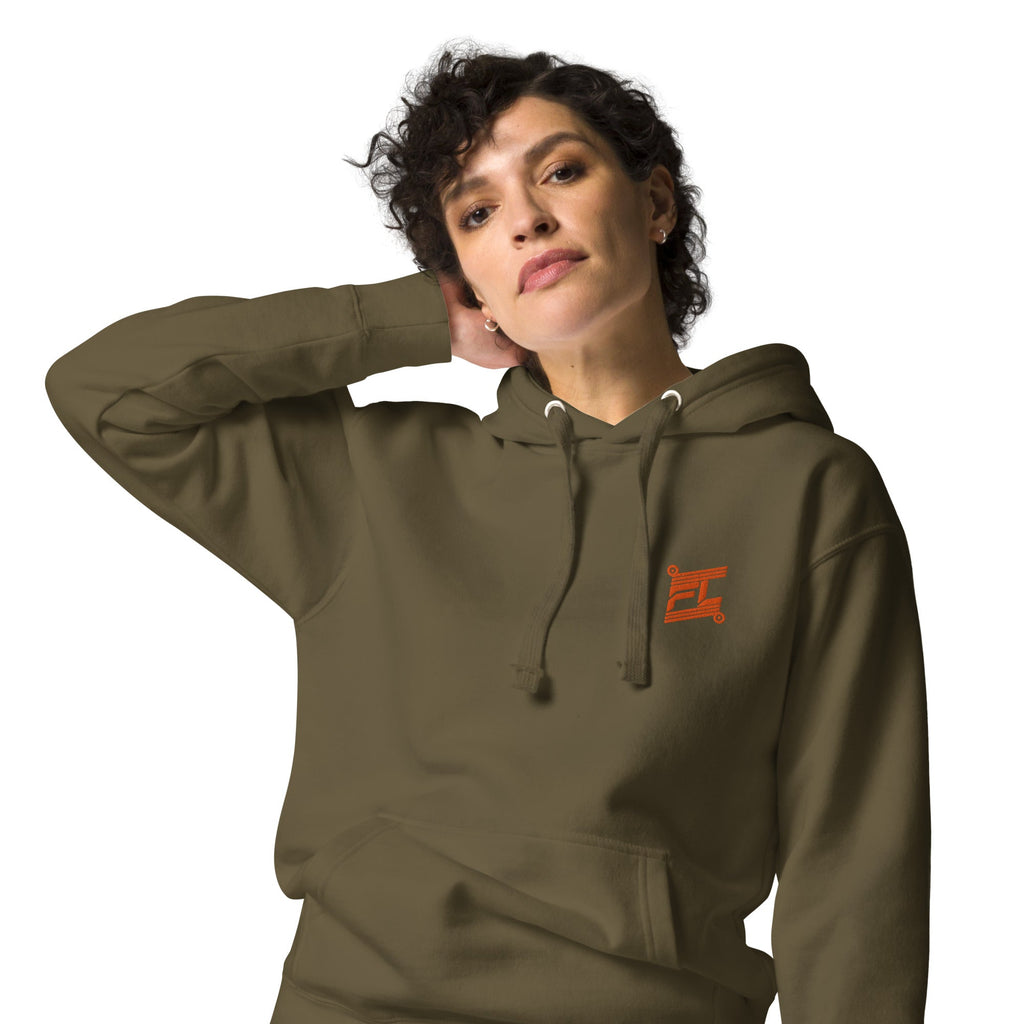 FL-FIT Hoodie femme vert olive, face avant, capuche doublée, cordons ajustables, œillets métal, naturel
