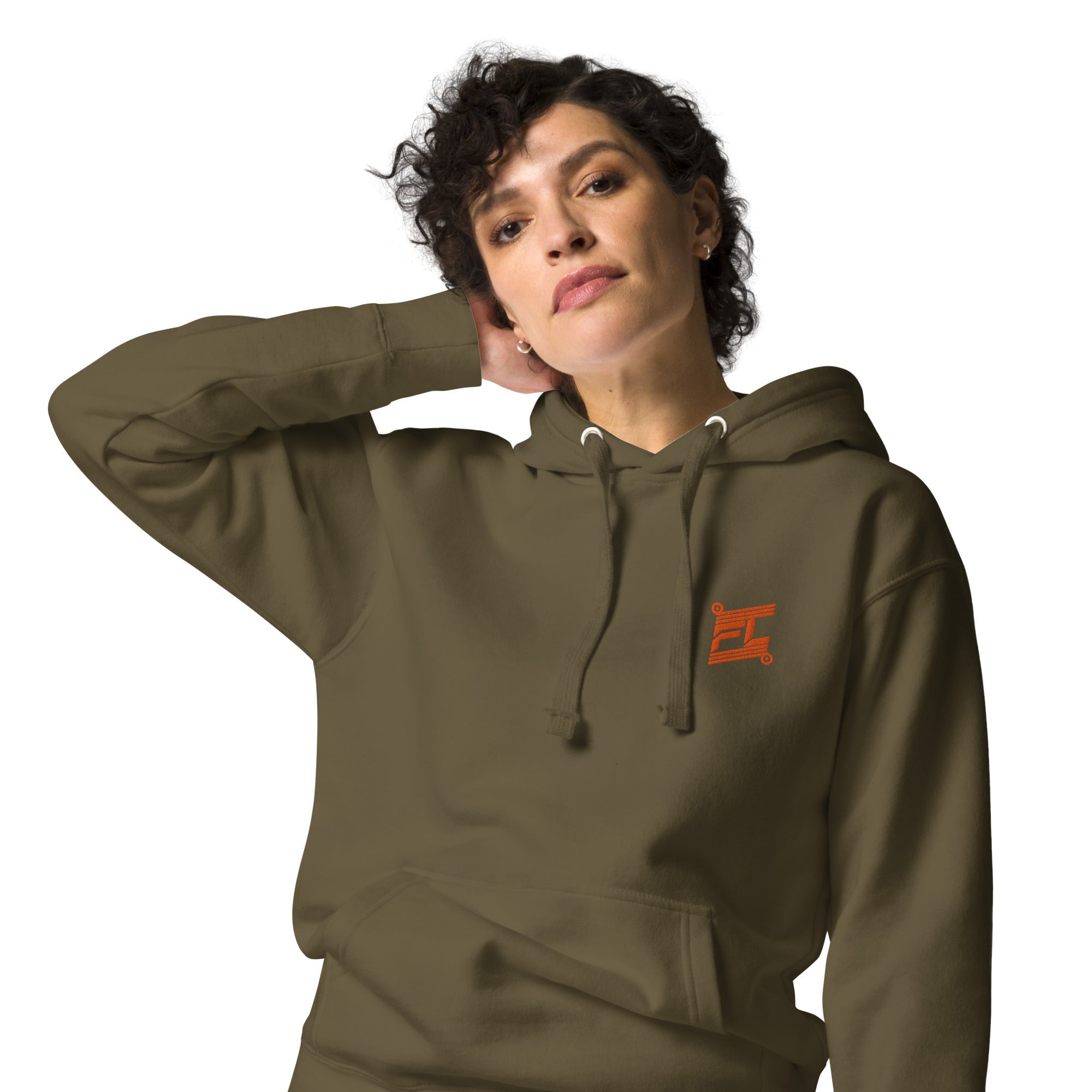 FL-FIT Hoodie femme vert olive, face avant, capuche doublée, cordons ajustables, œillets métal, naturel