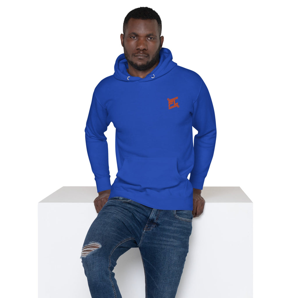 FL-FIT Hoodie homme bleu royal, face avant, logo FL orange brodé poitrine, assis