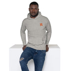 FL-FIT Hoodie homme gris, face avant, logo FL orange brodé poitrine, assis
