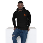 FL-FIT Hoodie homme noir, face avant, logo FL orange brodé poitrine, assis, pose 1
