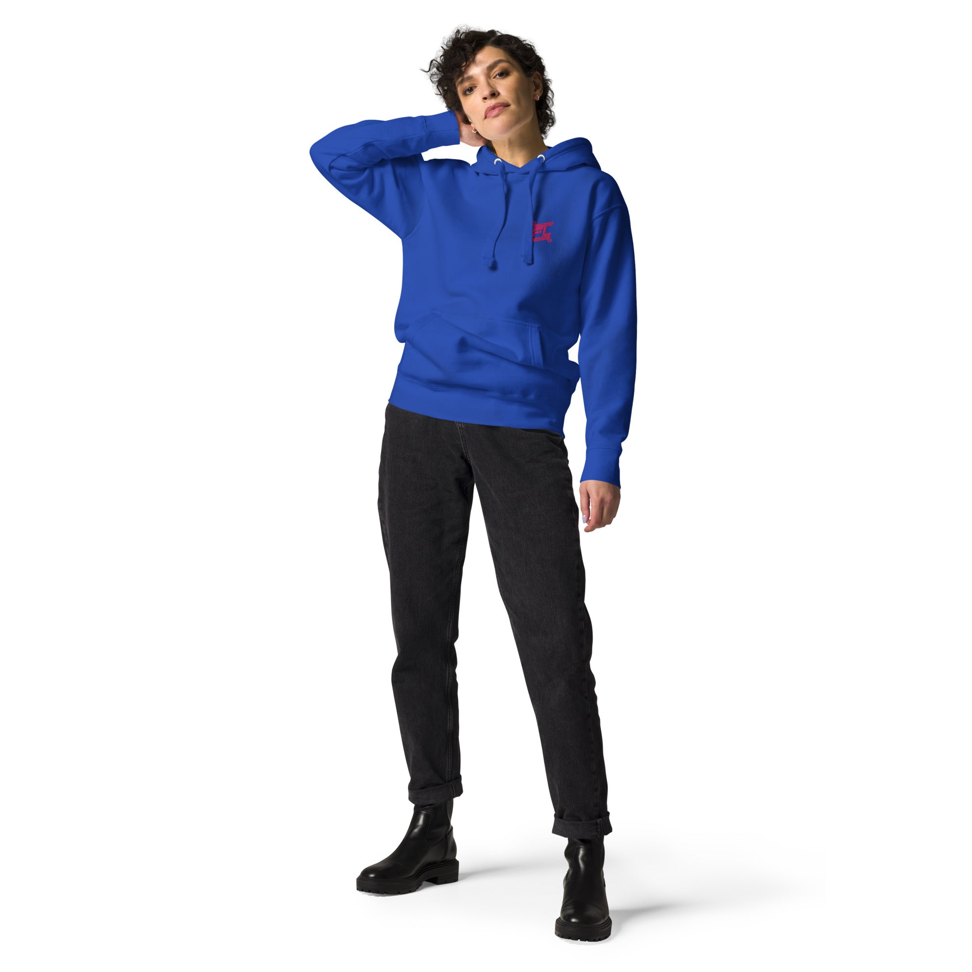 FL-FIT Hoodie unisexe bleu royal, mockup femme face avant, logo FL rose brodé poitrine, fond blanc
