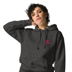 FL-FIT Hoodie unisexe gris anthracite, mockup femme zoomé sur capuche et épaule, logo FL rose brodé poitrine, fond blanc

