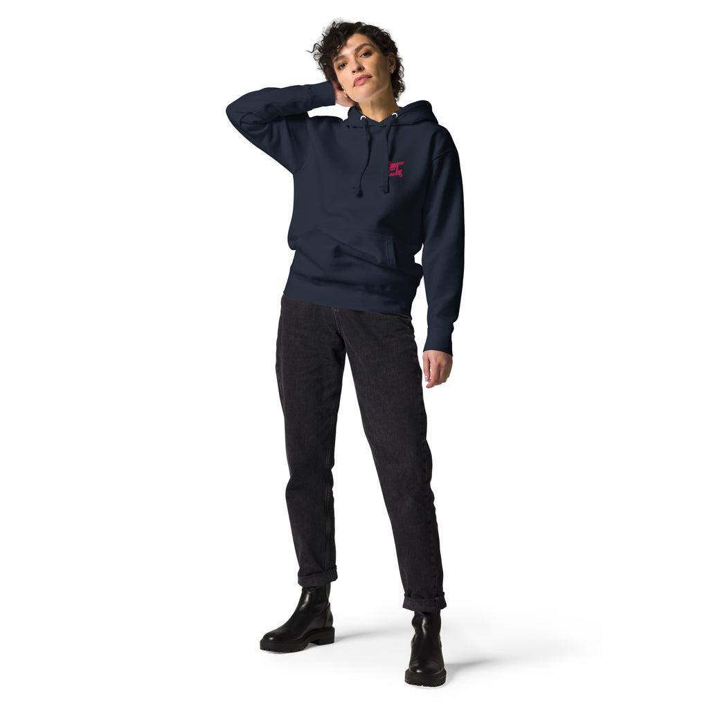 FL-FIT Hoodie unisexe noir, mockup femme face avant, logo FL rose brodé poitrine, fond blanc
