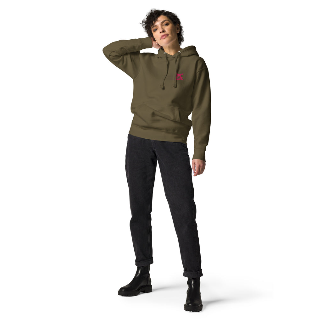 FL-FIT Hoodie unisexe vert kaki, mockup femme zoomé sur capuche et épaule, logo FL rose brodé poitrine, fond blanc