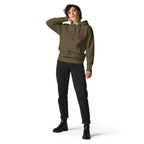 FL-FIT Hoodie unisexe vert kaki, mockup femme zoomé sur capuche et épaule, logo FL rose brodé poitrine, fond blanc