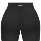 Short gainant femme FL-FIT noir vue de dos, taille haute, compression moyenne, ceinture large, finitions plates anti-frottement, logo FL-FIT orange brodé au bas du dos centré, fond blanc