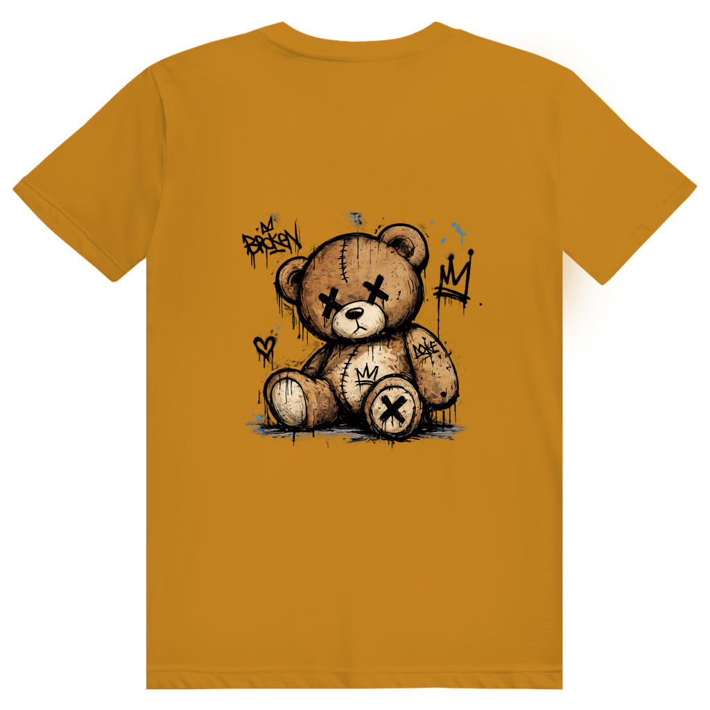 FL-FIT T-shirt Broken Bear — unisexe, orange, ours peluche yeux croix, tags et coulures peinture noire