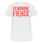 T-shirt respirant femme FL-FIT collection Feminine & Fierce, couleur blanc, vue de dos, coupe sport ajustée, manches courtes, col rond, matière technique respirante, logo FL-FIT noté au dos, fond blanc