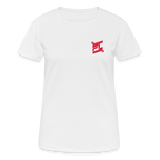 T-shirt respirant femme FL-FIT collection Feminine & Fierce, couleur blanc, vue de face, coupe sport ajustée, manches courtes, col rond, matière technique respirante légère évacuant la transpiration, logo FL-FIT noté sur la poitrine, fond blanc