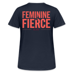 T-shirt respirant femme FL-FIT collection Feminine & Fierce, couleur bleu marine foncé, vue de dos, coupe sport ajustée, manches courtes, col rond, matière technique respirante, logo FL-FIT noté au dos, fond blanc