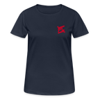T-shirt respirant femme FL-FIT collection Feminine & Fierce, couleur bleu marine foncé, vue de face, coupe sport ajustée, manches courtes, col rond, matière technique respirante légère évacuant la transpiration, logo FL-FIT noté sur la poitrine, fond blanc