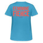 T-shirt respirant femme FL-FIT collection Feminine & Fierce, couleur bleu saphir, vue de dos, coupe sport ajustée, manches courtes, col rond, matière technique respirante, logo FL-FIT noté au dos, fond blanc
