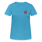 T-shirt respirant femme FL-FIT collection Feminine & Fierce, couleur bleu saphir, vue de face, coupe sport ajustée, manches courtes, col rond, matière technique respirante légère, logo FL-FIT noté sur la poitrine, fond blanc