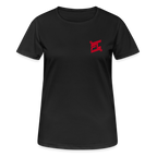 T-shirt respirant femme FL-FIT collection Feminine & Fierce, couleur noir, vue de face, coupe sport ajustée, manches courtes, col rond, matière technique respirante légère, logo FL-FIT noté sur la poitrine, fond blanc