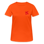 T-shirt respirant femme FL-FIT collection Feminine & Fierce, couleur orange néon, vue de face, coupe sport ajustée, manches courtes, col rond, matière technique respirante légère, logo FL-FIT noté sur la poitrine, fond blanc