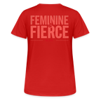T-shirt respirant femme FL-FIT collection Feminine & Fierce, couleur rouge, vue de dos, coupe sport ajustée, manches courtes, col rond, matière technique respirante, logo FL-FIT noté au dos, fond blanc