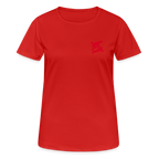 T-shirt respirant femme FL-FIT collection Feminine & Fierce, couleur rouge, vue de face, coupe sport ajustée, manches courtes, col rond, matière technique respirante légère, logo FL-FIT noté sur la poitrine, fond blanc