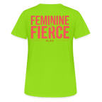 T-shirt respirant femme FL-FIT collection Feminine & Fierce, couleur vert néon, vue de dos, coupe sport ajustée, manches courtes, col rond, matière technique respirante, logo FL-FIT noté au dos, fond blanc
