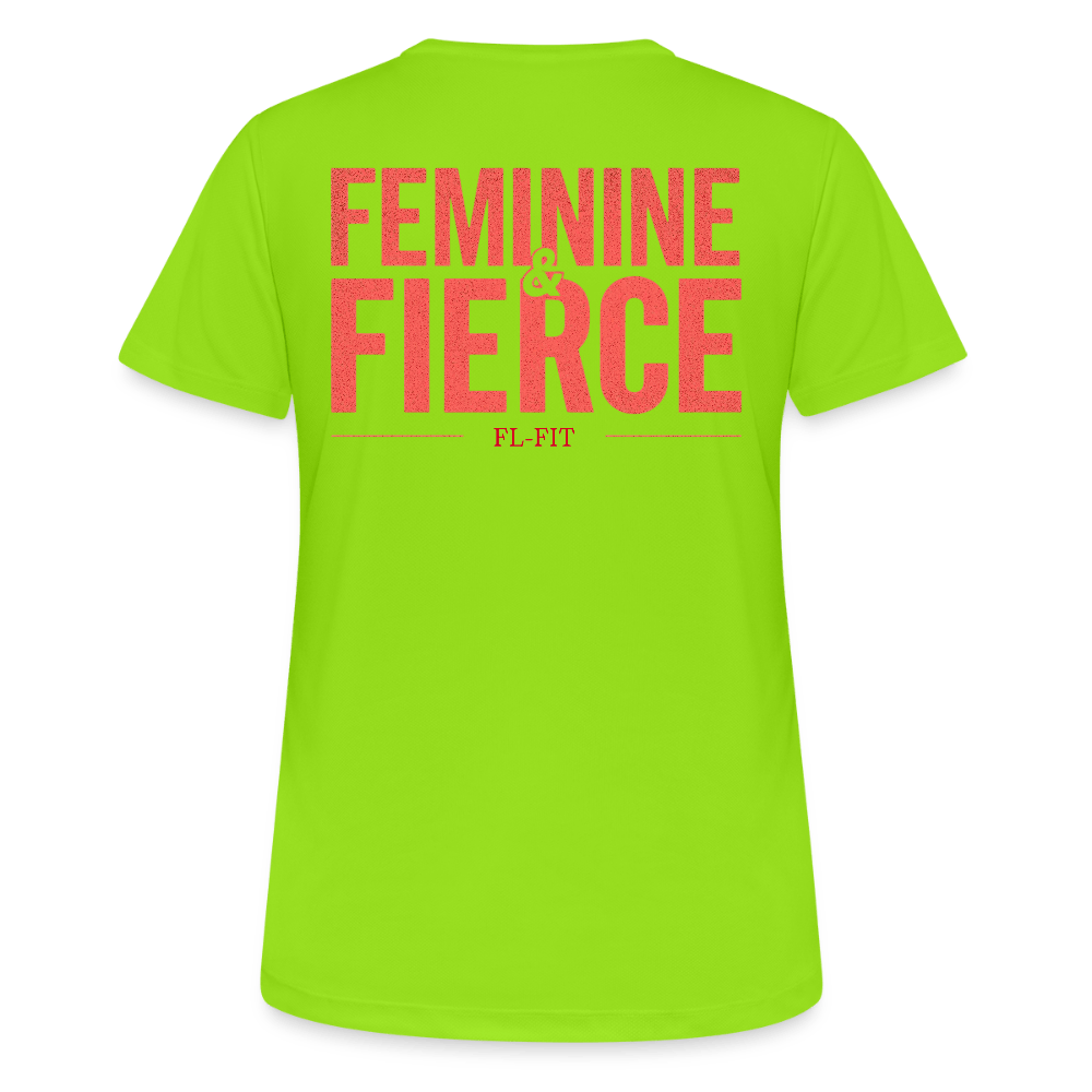 T-shirt respirant femme FL-FIT collection Feminine & Fierce, couleur vert néon, vue de dos, coupe sport ajustée, manches courtes, col rond, matière technique respirante, logo FL-FIT noté au dos, fond blanc

