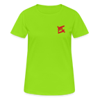 T-shirt respirant femme FL-FIT collection Feminine & Fierce, couleur vert néon, vue de face, coupe sport ajustée, manches courtes, col rond, matière technique respirante légère évacuant la transpiration, logo FL-FIT noté sur la poitrine, fond blanc