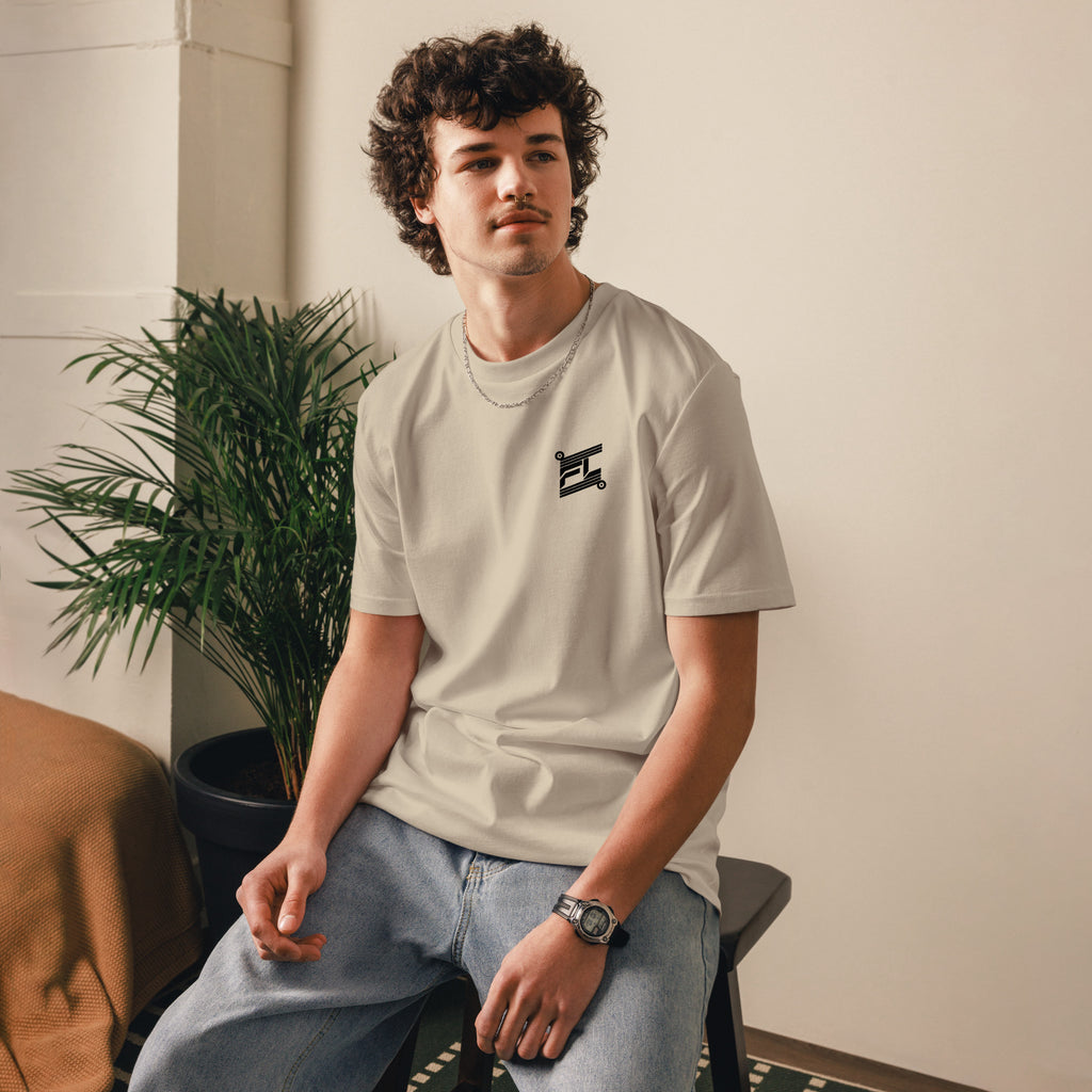 FL-FIT T-shirt oversize — homme, marron, face avant, logo FL brodé poitrine, tombé ample épaules, coton bio, terre de Sienne