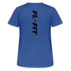 T-shirt respirant femme bleu ciel vue de face à plat, col rond, logo FL-FIT vertical imprimé dans le dos, fond blanc

