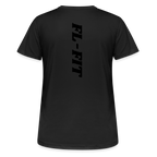 T-shirt respirant femme noir vue de face à plat, col rond, logo FL-FIT blanc vertical imprimé dans le dos, fond blanc
