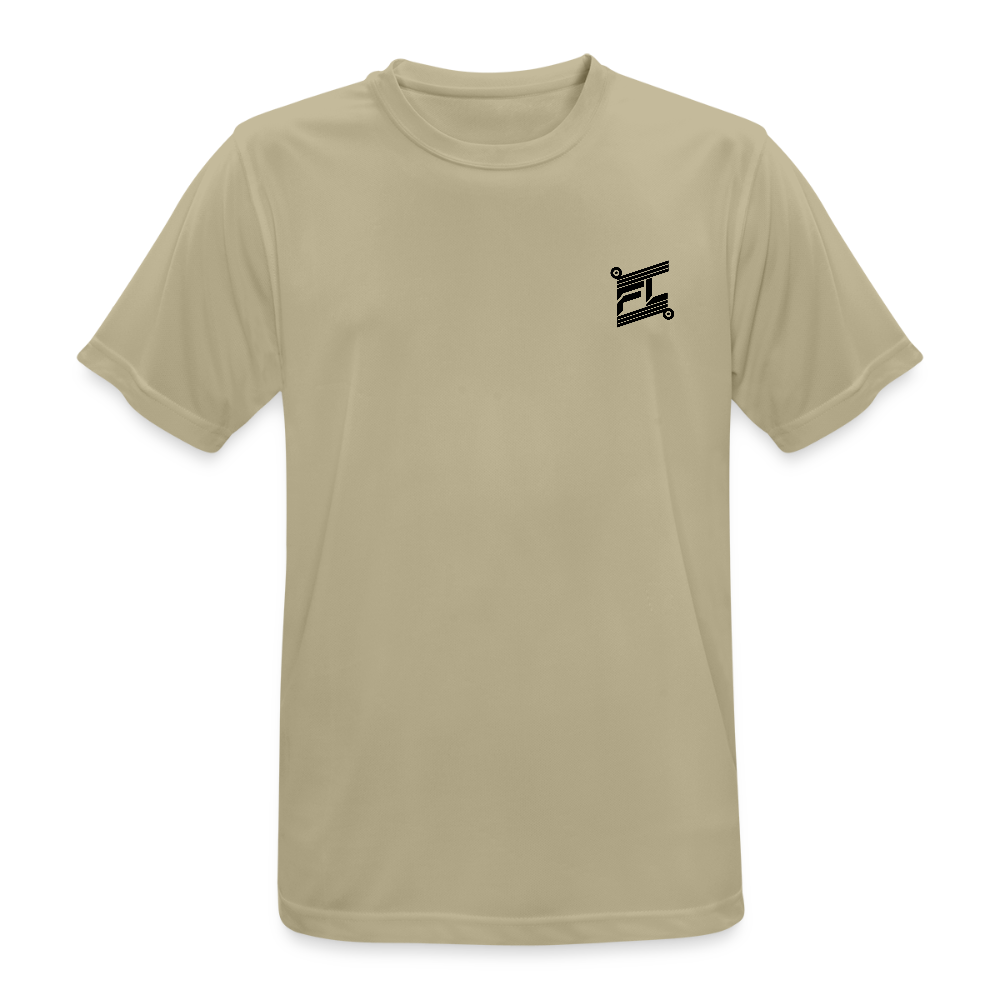 T-shirt respirant homme beige sable vue de face à plat, col rond, manches courtes, ton naturel, fond blanc