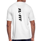 T-shirt respirant homme blanc avec logo FL noir imprimé poitrine, porté mannequin, col rond, manches courtes