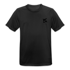 T-shirt respirant homme noir vue de face à plat, col rond, manches courtes, tissu technique léger, fond blanc