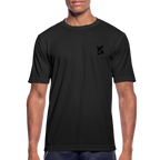 T-shirt respirant homme noir porté mannequin, col rond, manches courtes, coupe régulière, fond blanc