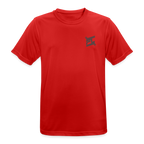 T-shirt respirant homme rouge porté mannequin vue de face, col rond, coupe classique, design minimaliste sans logo visible, fond blanc