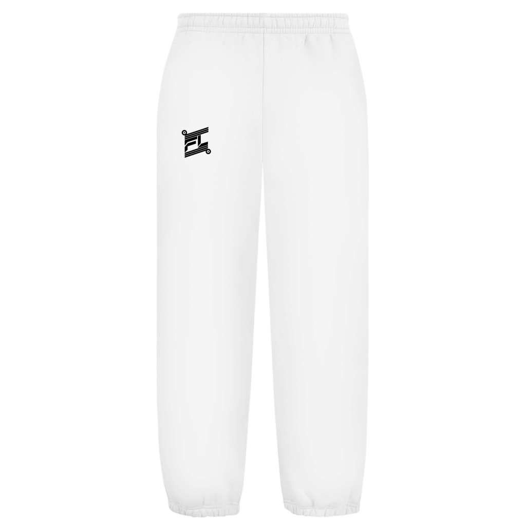 Vue de face du jogging oversize blanc FL-FIT, coupe large lifestyle sport avec taille élastique confortable.