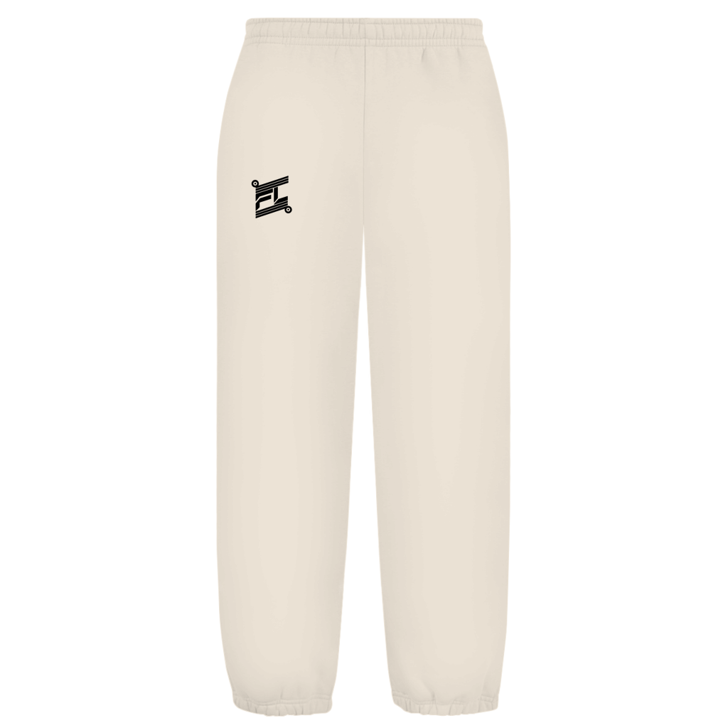 Pantalon oversize fluffy beige logo FL noir floqué sur la jambe droite