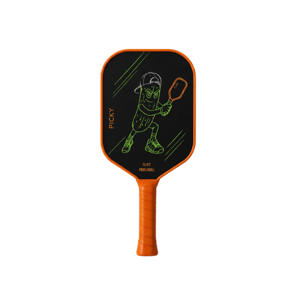 Raquette de picklball Carbon T700 Orange avec un dessins de pickle nommé picky