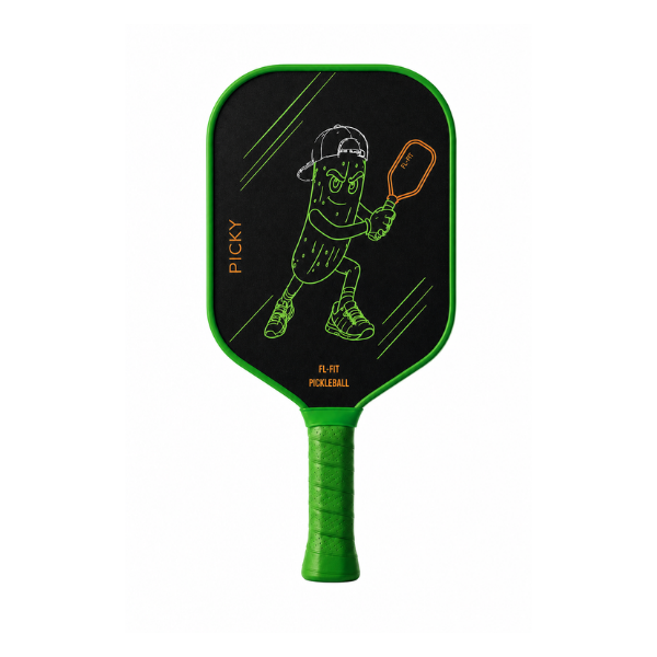 Raquette de picklball Carbon T700 verte avec un dessins de pickle nommé picky