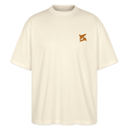 Face avant d'un t-shirt oversize couleur beige avec le logo orange brodé pour un look décontracté  