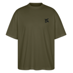 face avant d'un t-shirt unisexe oversize couleur kaki de la marque FL-FIT avec le logo noir brodé pour un look décontracté 