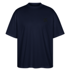 face avant d'un t-shirt unisexe oversize couleur bleu marine de la marque FL-FIT avec le logo noir brodé pour un look décontracté 