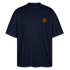 Face avant d'un t-shirt oversize couleur marine avec le logo orange brodé pour un look décontracté  