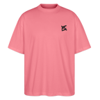 face avant d'un t-shirt unisexe oversize couleur rose de la marque FL-FIT avec le logo noir brodé pour un look décontracté 