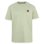 face avant d'un t-shirt unisexe oversize couleur vert sauge de la marque FL-FIT avec le logo rouge brodé pour un look décontracté 