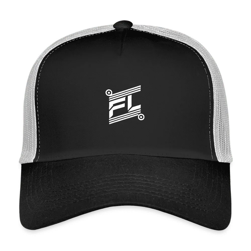 Casquette trucker homme femme FL-Fit noire et gris pierre, vue de face, maille respirante arrière, bouton pression réglable, logo FL-Fit brodé blanc, courbe visière classique, style urbain streetwear, fond blanc isolé