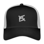 Casquette trucker homme femme FL-Fit noire et gris pierre, vue de face, maille respirante arrière, bouton pression réglable, logo FL-Fit brodé blanc, courbe visière classique, style urbain streetwear, fond blanc isolé