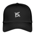 Casquette trucker homme femme FL-Fit noire total black, vue de face, maille respirante arrière noire, bouton pression réglable, logo FL-Fit brodé blanc contrasté, visière courbée, style urbain monochrome, fond blanc isolé