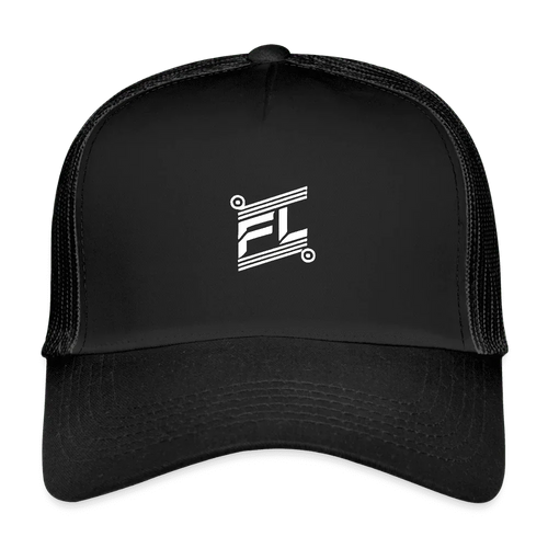 Casquette trucker homme femme FL-Fit noire total black, vue de face, maille respirante arrière noire, bouton pression réglable, logo FL-Fit brodé blanc contrasté, visière courbée, style urbain monochrome, fond blanc isolé