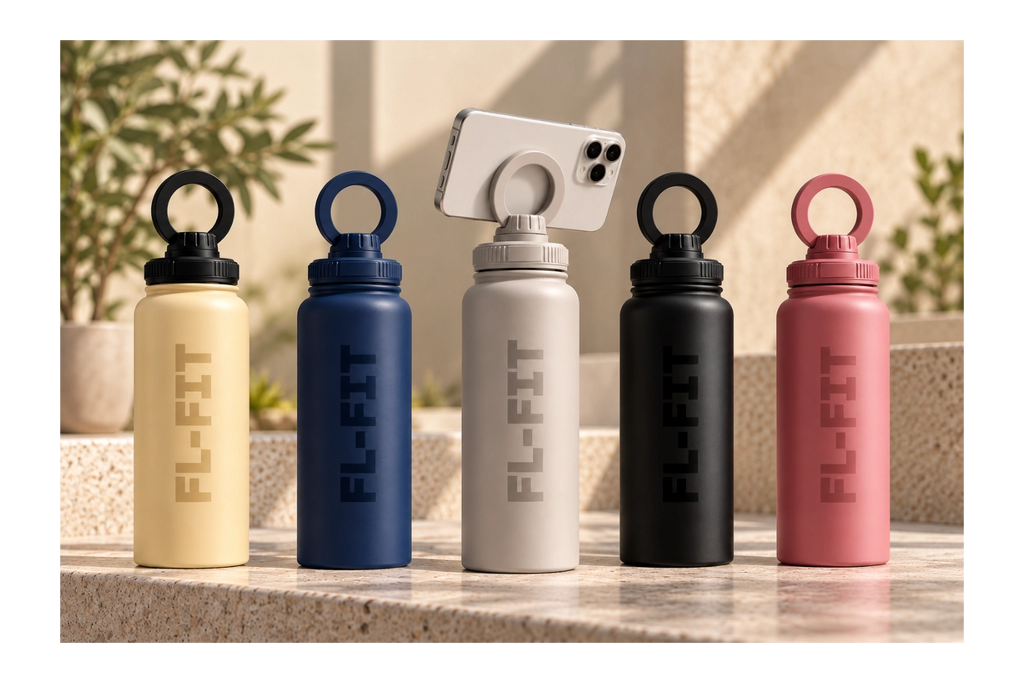 Collection de cinq gourdes isothermes FL-FIT 1L en acier inoxydable, crème, bleu marine, gris, noir et rose, avec support téléphone magnétique intégré.
